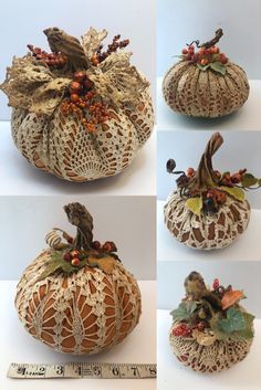 four pictures of decorative pumpkins with lace and berries on the top, bottom, and bottom