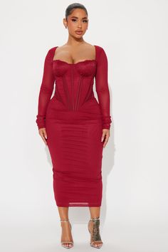 Wire Corset, Sweetheart Neckline Long Sleeve, Glam Closet, Modest Winter Outfits, Cute Formal Dresses, Colorful Clothes, Burgundy Midi Dress, Dress Sweetheart Neckline, Mesh Midi Dress