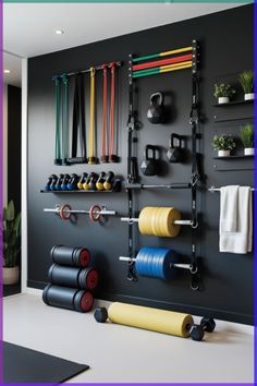 there is a wall mounted gym equipment in the room and it has many different colors