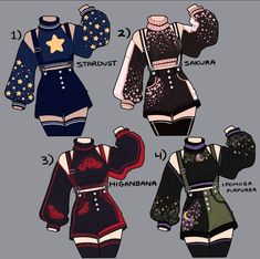 four different types of clothing are shown in this drawing style, including one with stars on it and the other with sequins