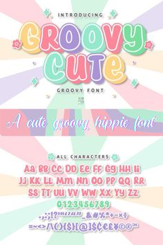 the grooy cute font and lowercases are all in different colors, shapes, and sizes