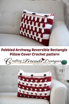 the crocheted pillow is made with red and white yarn