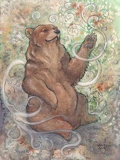 a painting of a brown bear sitting on its hind legs with swirls around it