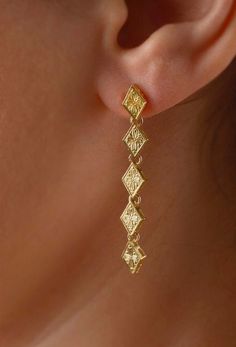 "These unique boho geometric shape earrings are made with great quality and are for pierced ears. These earrings would be beautiful as a boho bridal earrings or special occasion earrings. They are elegant and romantic, with an absolute charm and pure elegance The phenomenal hand engraved earrings are hanging on the ear with a long pole creating a beautiful movement. They are unique and lightweight. You can order these magnificent 18K solid gold earrings in 3 gold color of your choice (yellow, ro Gold Etched Drop Earrings, Gold Etched Dangle Jewelry, Elegant Etched Dangle Earrings, Elegant Etched Dangle Jewelry, Gold Bohemian Drop Earrings, Gold Hanging Earrings Indian, Boho Bridal Earrings, Gold Hanging Earrings, Flower Earrings Gold