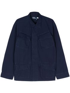 navy blue cotton ripstop texture classic collar long sleeves with buttoned cuffs two chest flap pockets two front flap pockets straight hem concealed front button fastening Navy Button-up Outerwear With Patch Pockets, Navy Outerwear With Flap Pockets, Navy Long-sleeved Outerwear With Flap Pockets, Navy Long Sleeve Outerwear With Flap Pockets, Navy Collared Outerwear With Buttoned Pockets, Blue Cotton Utility Jacket With Pockets, Navy Casual Outerwear With Buttoned Pockets, Blue Long Sleeve Shirt With Patch Pockets, Cotton Utility Jacket With Spread Collar