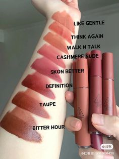 3ce Velvet Lip Tint Swatch, Etude House Lip Tint Swatch, 3ce Lip Tint, Demure Makeup, Lip Tint Swatches, Brown Lip Tint, Etude House Lip Tint, 3ce Lipstick, Makeup Texture