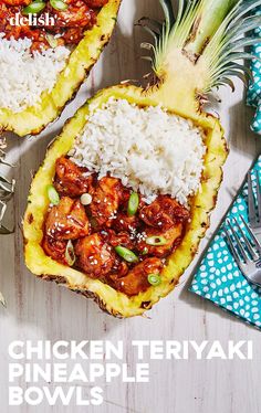 chicken teriyaki pineapple bowls with rice and pineapples on the side