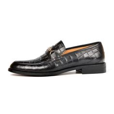 Introducing our Hazel CrocLuxe Slip-on Loafers, the epitome of sophistication and comfort. Crafted with genuine cow leather, these loafers exude luxury and style, while the soft and plush PigSkin insole material provides a cushioned and cozy feel with every step. Elevate your outfit effortlessly with these versatile and stylish loafers, perfect for any occasion. Experience the perfect blend of fashion and functionality with our Hazel CrocLuxe Slip-on Loafers. Upgrade your footwear game today! Business Loafers With Textured Sole And Round Toe, Business Textured Sole Closed Toe Moccasins, Textured Sole Business Loafers, Elegant Black Tassel Loafers With Textured Sole, Elegant Business Wingtip Moccasins, Luxury Round Toe Moccasins For Business, Business Slip-ons With Brogue Detailing And Flat Heel, Elegant Wingtip Slip-ons For Office, Business Moccasins With Textured Sole