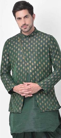 Green color Nehru Jacket in Dupion Silk fabric with Printed work Luxury Nehru Jacket With Button Closure For Fall, Luxury Green Nehru Jacket For Transitional Season, Luxury Tailored Long Sleeve Nehru Jacket, Luxury Multicolor Nehru Jacket With Mandarin Collar, Traditional Green Raw Silk Nehru Jacket, Transitional Green Chanderi Nehru Jacket, Designer Fitted Green Nehru Jacket, Luxury Traditional Green Nehru Jacket, Fitted Silk Nehru Jacket