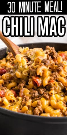 a skillet filled with chili macaroni and cheese