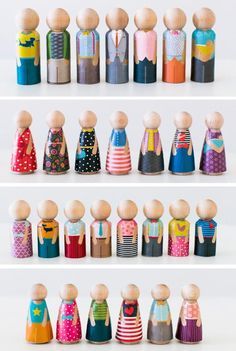 several wooden peg dolls are lined up on a shelf with the words pint above them