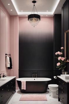 a black and pink bathroom with chandelier above the bathtub, toilet and sink