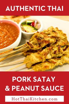 pork satay and peanut sauce on a plate with chopsticks