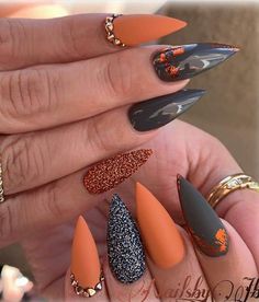 Orange And Black Nails, Sugar Nails, Pointy Nails, Fall Acrylic Nails, Acrylic Coffin, Coffin Nails Designs, Pretty Acrylic Nails, Dope Nails