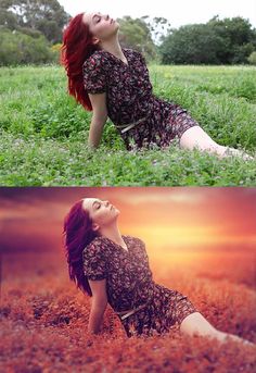 two different pictures of a woman laying in the grass and one with red hair on her head