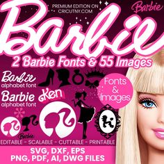 a barbie doll with blonde hair and blue eyes is featured in this ad for barbie