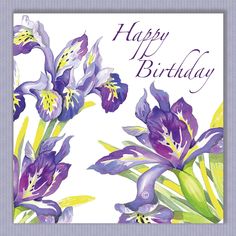 an easter card with purple flowers and green leaves