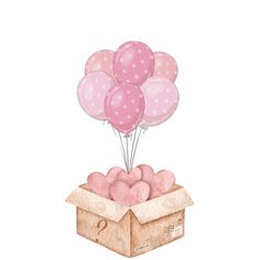 a box filled with lots of pink heart - shaped balloons on top of a white background