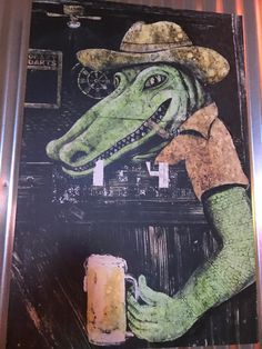 a painting of a crocodile wearing a cowboy hat and holding a beer in his hand