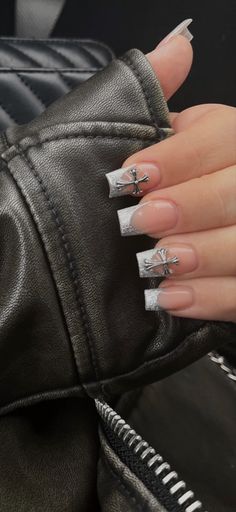 Cross Nails Acrylic Short, Black French Tip Nails Square With Rhinestones, Nail Designs Cross Charm, Square Acrylic Nails Cross, Nails Acrylic With Cross Charm, French Nail Tips Colors, White French Tip With Cross Charm, Short French Tip Nails With Gems, French Tip Nails With Cross Charm