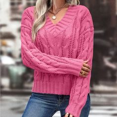 New Cable Knit V Neck Pink Sweater Armpit To Armpit 21.6” S,4, M,6 Length 23” 100% Polyester Pullover Summer Fall Winter Luxury Ladies Women’s Wear Winter All Season Shirts & Blouses Jersey Tops Party Day Going Out Shirts White Accessories Dress Style Cocktail Sleeves Cardigan Pair With Sweater Preppy Sexy Hot Boho Trendy Vogue Posh Sassy Girly Date Night Elegant Dressy Fashionable Chic Tomboy Simple Bold Fun Classy Office Classy Wedding Party Cocktail,Preppy , Business Acrylic V-neck Sweater For Winter, Trendy Long Sleeve Pointelle Knit V-neck Sweater, Fall V-neck Sweater, Winter Cable Knit V-neck Cropped Sweater, Fall Acrylic V-neck Sweater, V-neck Textured Knit Cropped Sweater, Casual V-neck Chunky Knit Cropped Sweater, Knitted V-neck Acrylic Tops, Casual V-neck Cropped Sweater In Chunky Knit