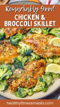 chicken and broccoli skillet in a pan with the title text overlay