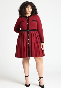 51% Rayon 23% Nylon 26% PolyesterStretch JerseyUnlinedFit and FlarePleated SkirtNon Functional Buttons and PocketsPull onMini Length38" Length on Size Plus Size Winter Dresses, Pleated Skirt Dress, Plus Size Winter, Button Sweater, Dressed To Kill, Feel Pretty, Skirt Dress, Wide Leg Denim, Sweater Blouse