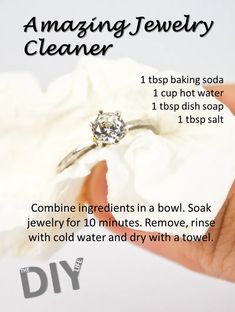 a hand holding a white cloth with a diamond ring on it and instructions for how to clean