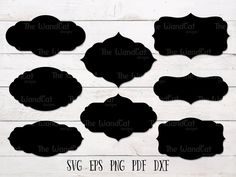 six black oval frames with the words svg epss png dxf