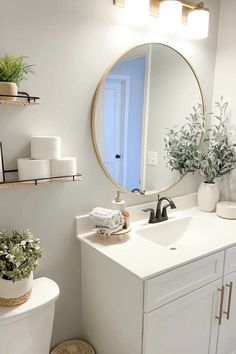 a bathroom with a toilet, mirror and plants on the shelf above it's sink