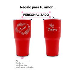 two red tumblers with the words personalizado and an arrow pointing to each other