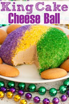 a king cake cheese ball on a plate