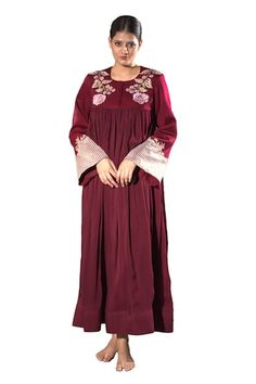 Maroon padded bodice anarkali with placement floral bloom embroidery and stripe pattern cuffs. - Aza Fashions Bloom Embroidery, Women Kurta, Embroidered Bodice, Full Sleeves, Anarkali, Aza Fashion, Full Sleeve, Floral Embroidery, Stripes Pattern