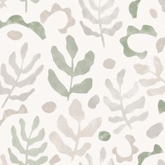 a white wallpaper with green and grey leaves on the bottom half of it's surface