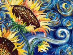 a painting with sunflowers and swirly blue sky in the background, as well as an arrow pointing to it