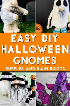 easy diy halloween gnomes and rain boots with text overlay that says easy diy halloween gnomes and rain boots