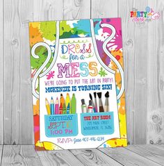 Printable Art Paint Party Invitations. Colorful Kids Birthday Invitation by The Party Stork.  Invitation is 5 x 7. YOU print your birthday invitations.  More Art Party invites available here: https://www.etsy.com/listing/185155859/art-paint-party-invitations-printable https://www.etsy.com/listing/274820274/art-party-invitation-art-party-printable https://www.etsy.com/listing/278600746/art-paint-party-invitations-printable https://www.etsy.com/listing/387505332/art-paint-party-invitations-printab Girls Art Party, Art Paint Party, Art Party Invitations, Kids Painting Party