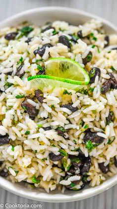 rice with black beans and lime in a bowl