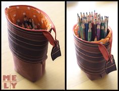 two pictures of pencils in a bag on a table