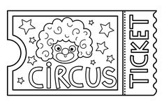 a ticket with the word circus on it and a clown's face in the center