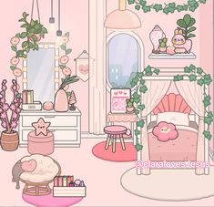 a bedroom with pink walls and plants in the corner