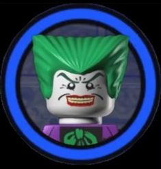 the lego batman movie character with green hair and red eyes is in a blue circle