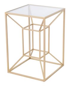 a gold metal and glass side table on a white background with the top half open