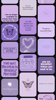 a bunch of different types of posters on a black background with purple and white lettering