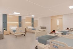 an empty hospital room with multiple beds and couches on the floor, in light blue and white colors