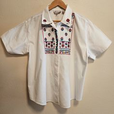 Short Sleeve Button Up Embroidered Top Short Sleeve Button Up, Embroidered Top, Vintage Tops, Button Down Shirts, Button Down Shirt, Button Up, Color White, Womens Tops, Women Shopping