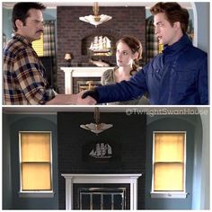 two pictures of people shaking hands in front of a fireplace