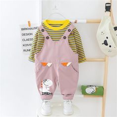 Boys Stripe Cute Dino Cartoon Top & Jumpsuit - PrettyKid Dino Cartoon, Boy Jumper, Cute Dino, Fancy Fabric, Cartoon Tops, Baby Boy Clothing Sets