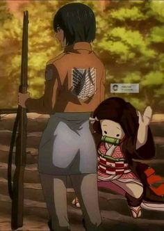 an anime scene with two people standing next to each other and one person sitting on the ground