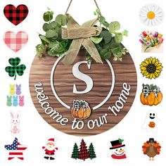 welcome to our home sign surrounded by fall decorations and stickers on a white background